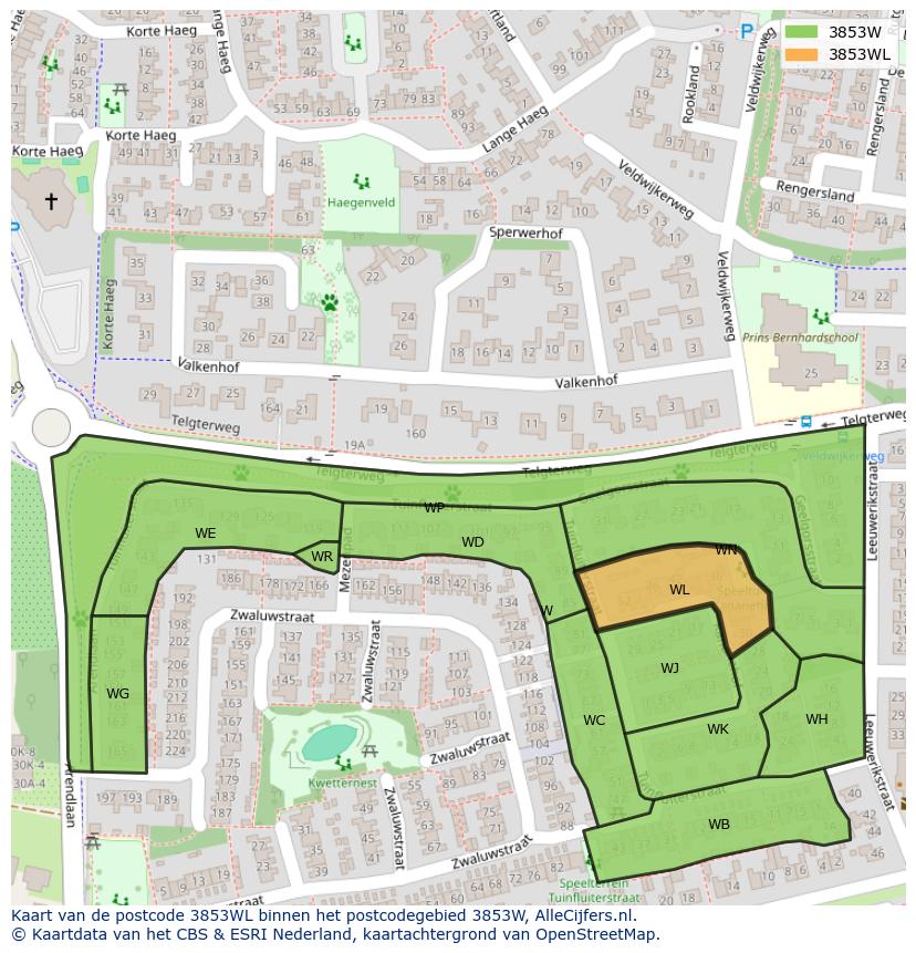 Afbeelding van het postcodegebied 3853 WL op de kaart.