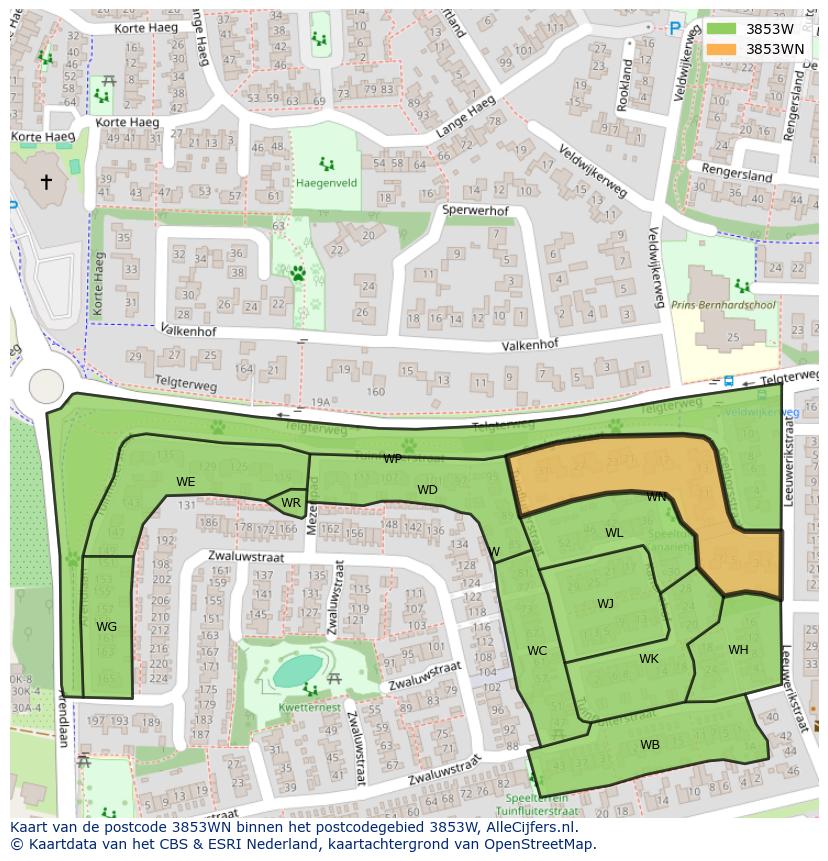 Afbeelding van het postcodegebied 3853 WN op de kaart.