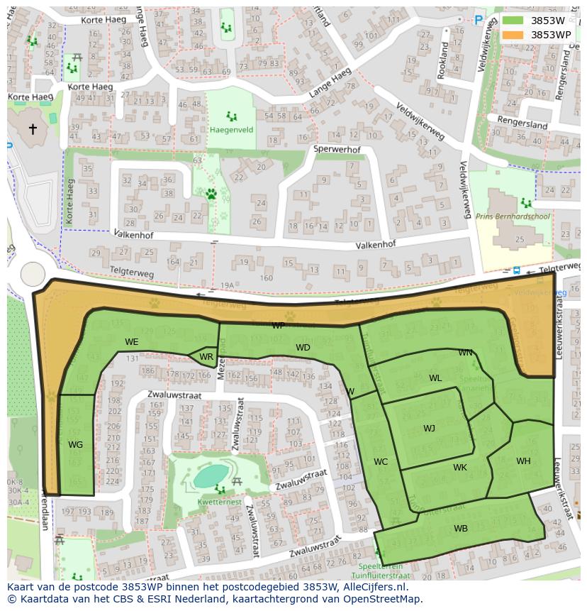 Afbeelding van het postcodegebied 3853 WP op de kaart.