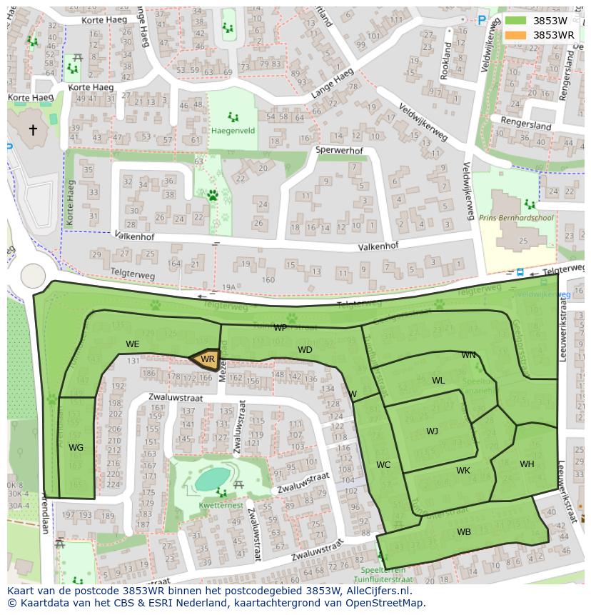 Afbeelding van het postcodegebied 3853 WR op de kaart.