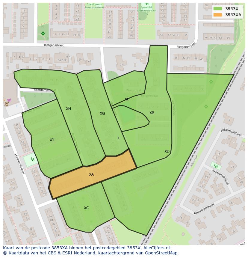 Afbeelding van het postcodegebied 3853 XA op de kaart.