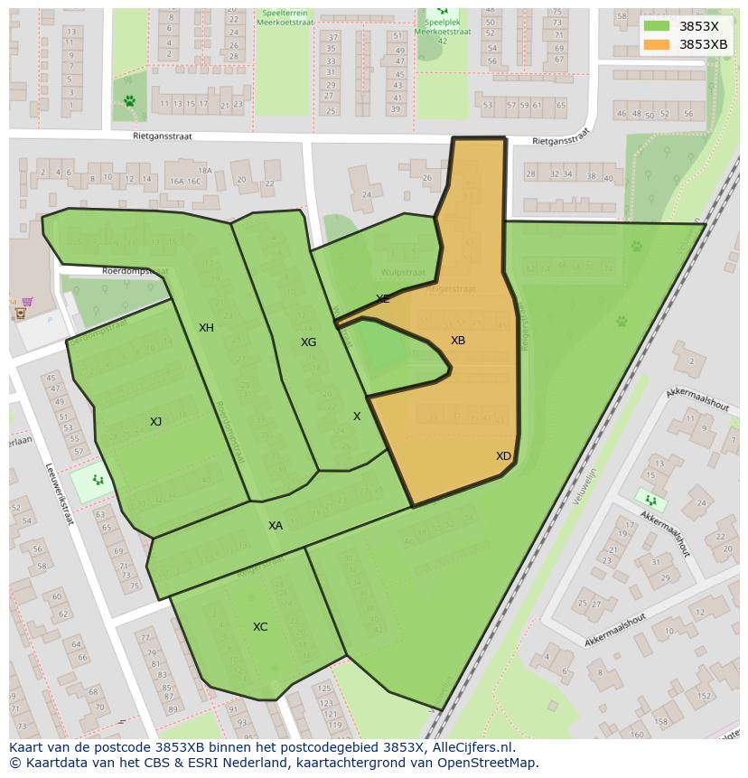 Afbeelding van het postcodegebied 3853 XB op de kaart.