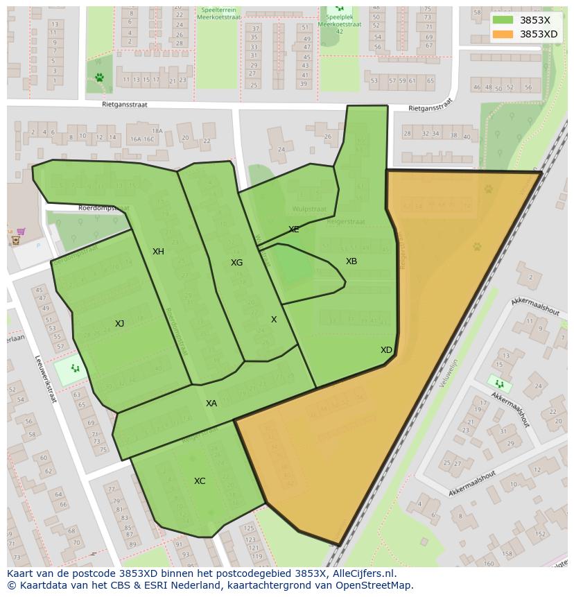 Afbeelding van het postcodegebied 3853 XD op de kaart.
