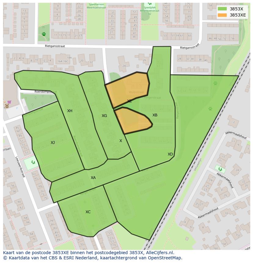 Afbeelding van het postcodegebied 3853 XE op de kaart.