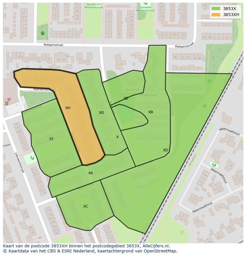 Afbeelding van het postcodegebied 3853 XH op de kaart.