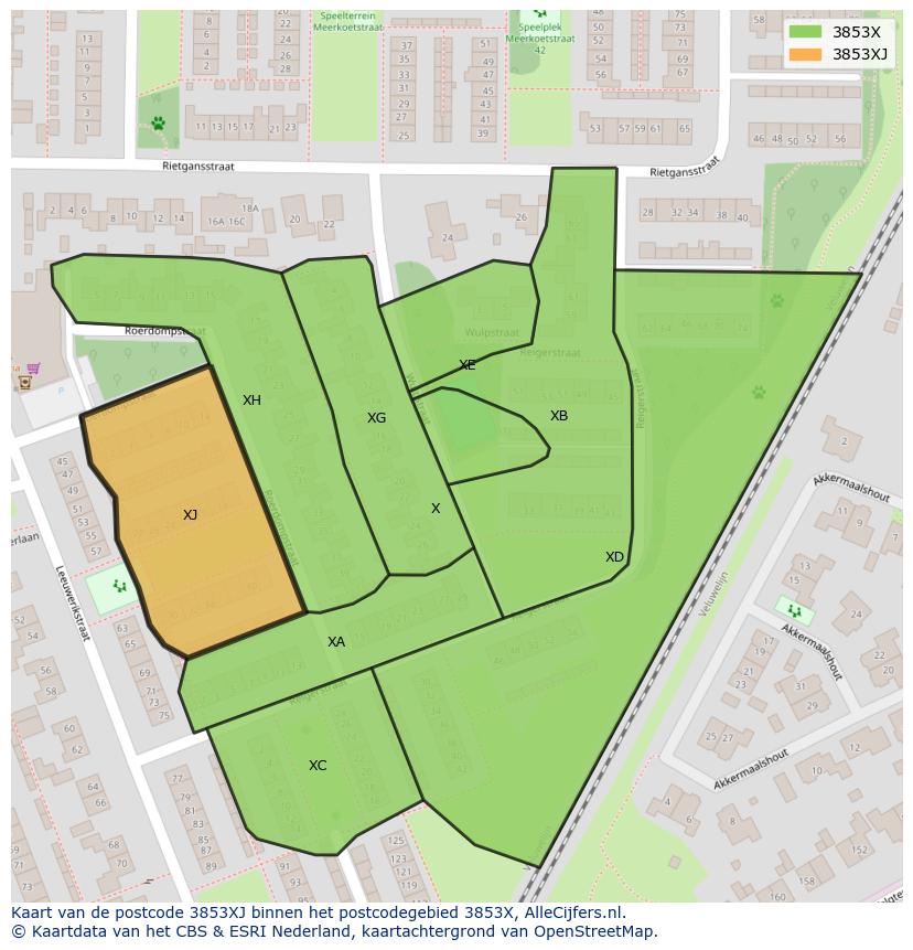 Afbeelding van het postcodegebied 3853 XJ op de kaart.