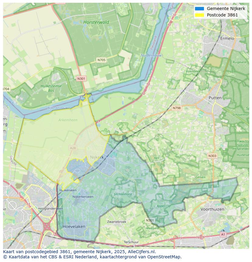 Afbeelding van het postcodegebied 3861 op de kaart.