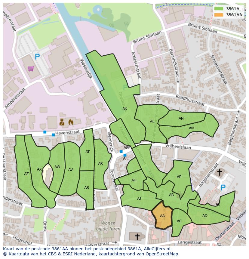 Afbeelding van het postcodegebied 3861 AA op de kaart.