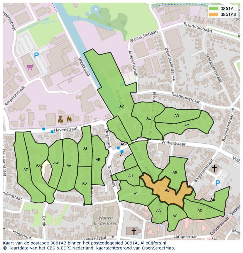 Afbeelding van het postcodegebied 3861 AB op de kaart.