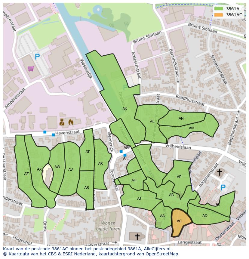 Afbeelding van het postcodegebied 3861 AC op de kaart.