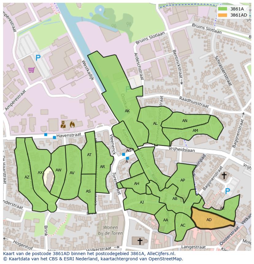 Afbeelding van het postcodegebied 3861 AD op de kaart.