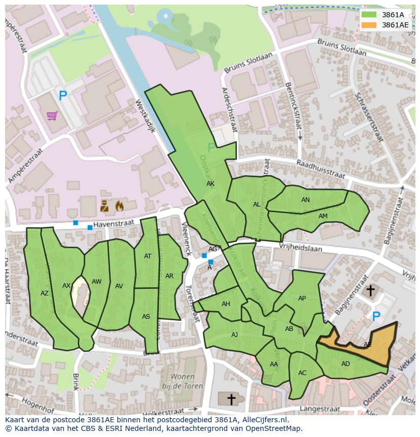 Afbeelding van het postcodegebied 3861 AE op de kaart.