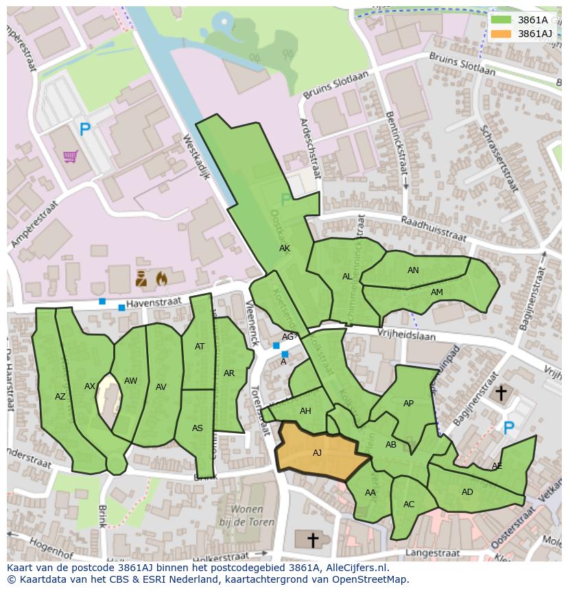 Afbeelding van het postcodegebied 3861 AJ op de kaart.