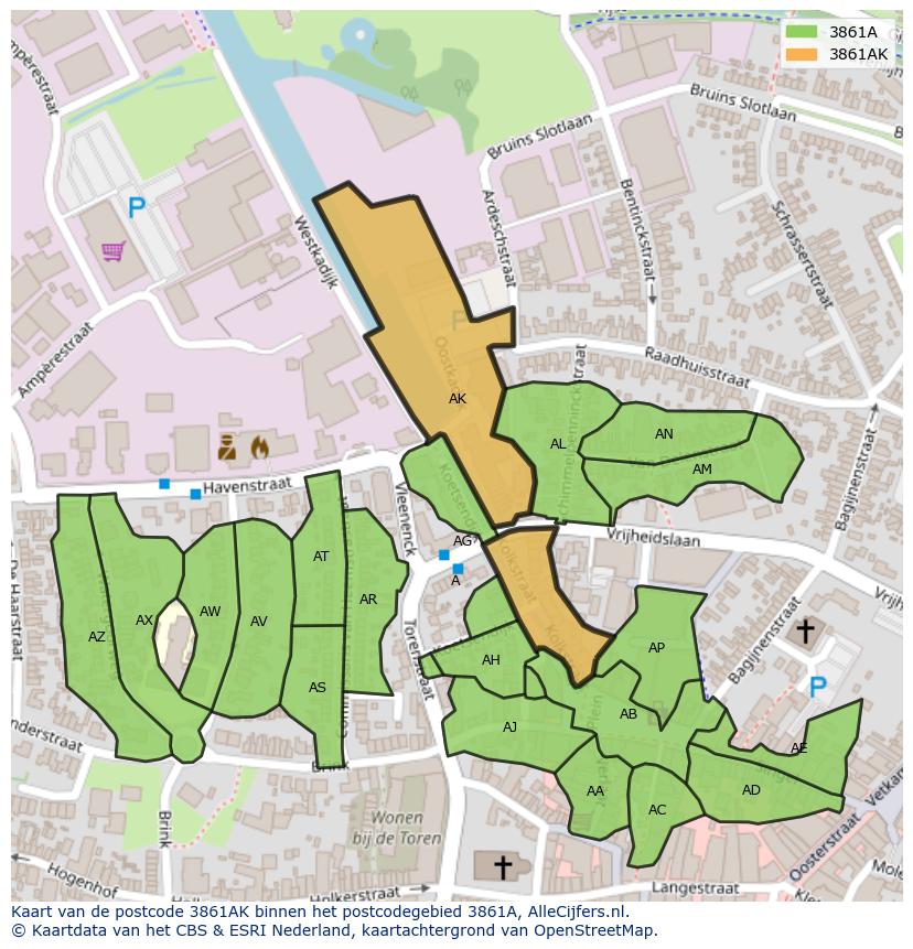 Afbeelding van het postcodegebied 3861 AK op de kaart.