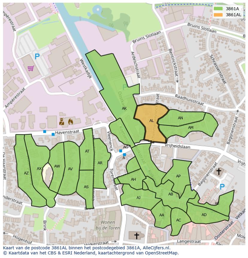 Afbeelding van het postcodegebied 3861 AL op de kaart.