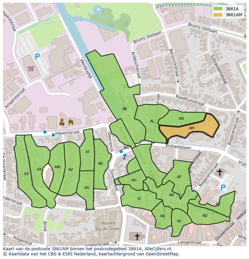 Afbeelding van het postcodegebied 3861 AM op de kaart.