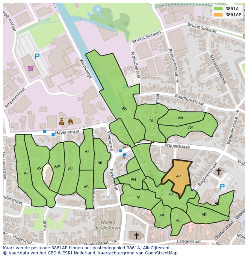 Afbeelding van het postcodegebied 3861 AP op de kaart.