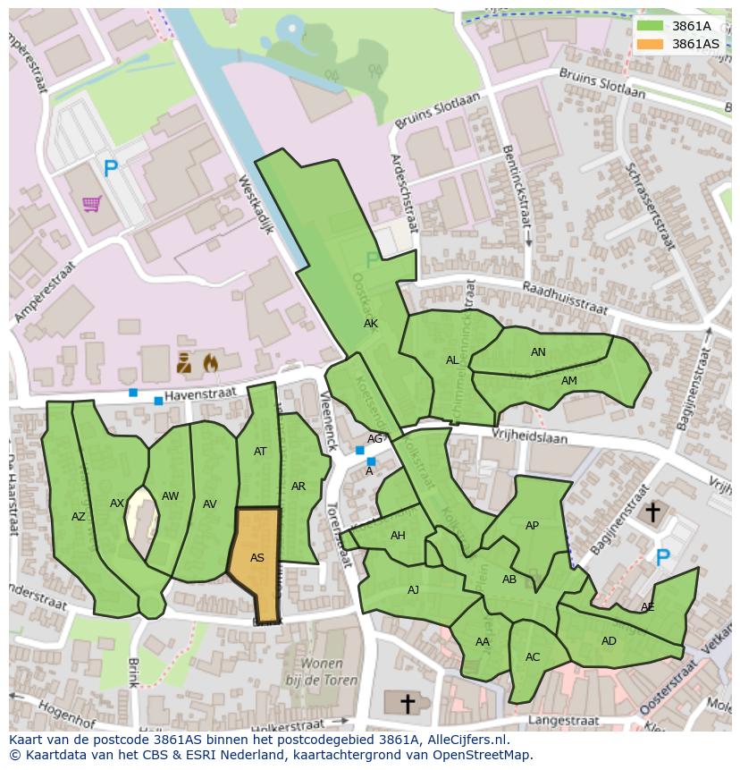 Afbeelding van het postcodegebied 3861 AS op de kaart.