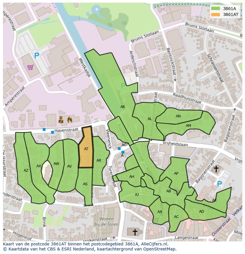 Afbeelding van het postcodegebied 3861 AT op de kaart.