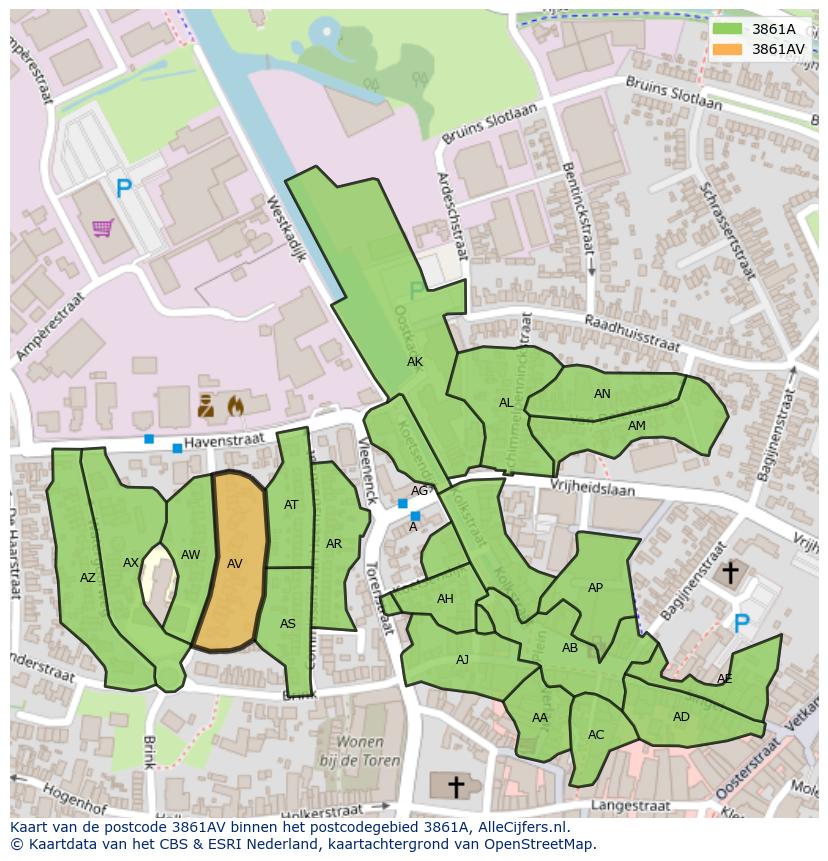 Afbeelding van het postcodegebied 3861 AV op de kaart.