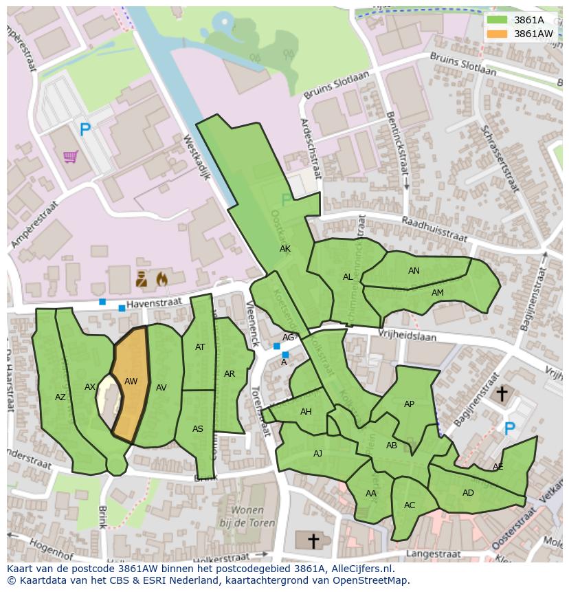 Afbeelding van het postcodegebied 3861 AW op de kaart.