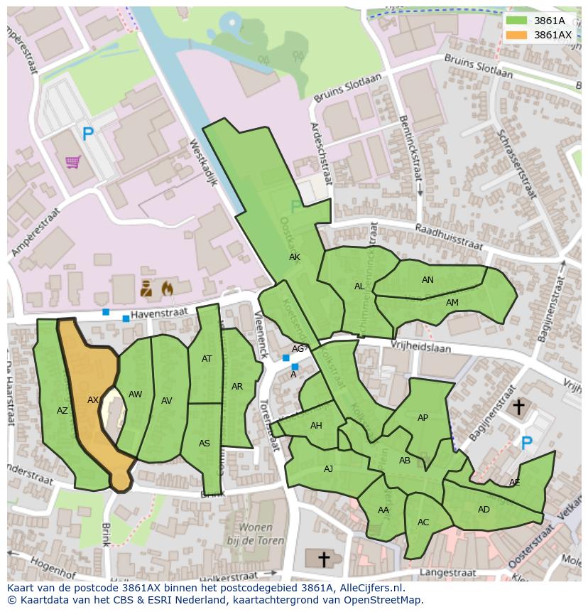 Afbeelding van het postcodegebied 3861 AX op de kaart.