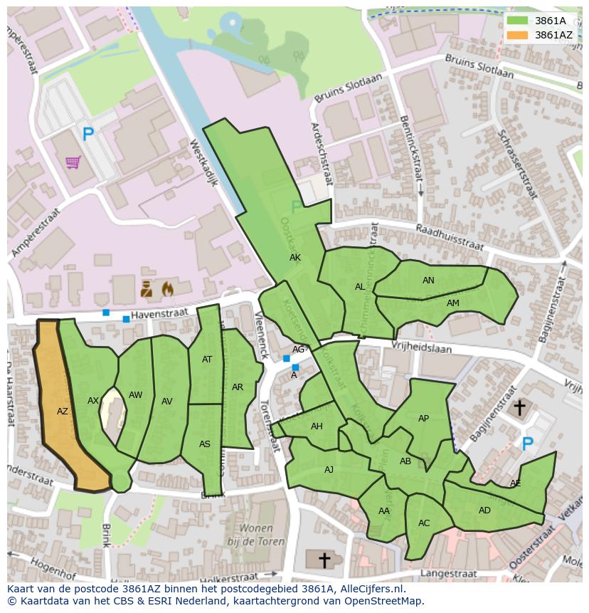Afbeelding van het postcodegebied 3861 AZ op de kaart.