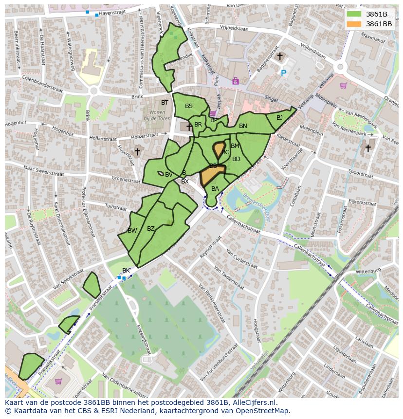 Afbeelding van het postcodegebied 3861 BB op de kaart.
