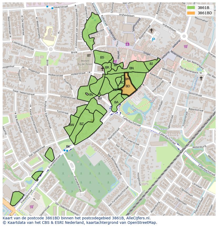 Afbeelding van het postcodegebied 3861 BD op de kaart.