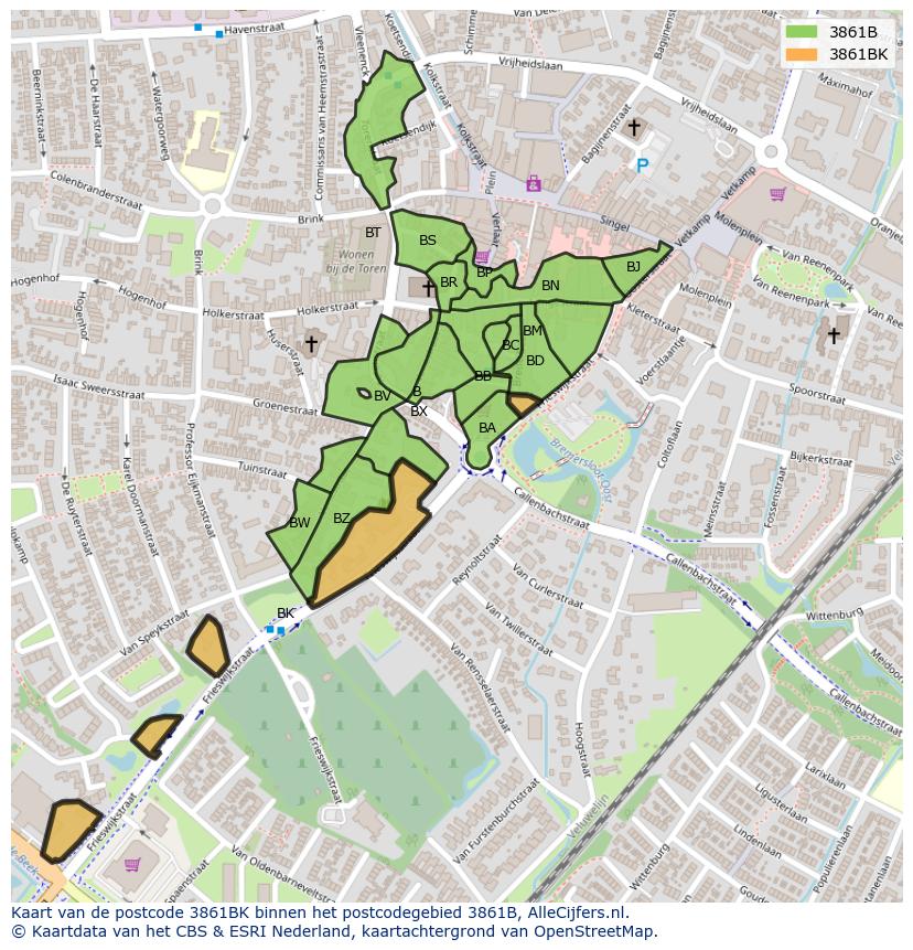 Afbeelding van het postcodegebied 3861 BK op de kaart.