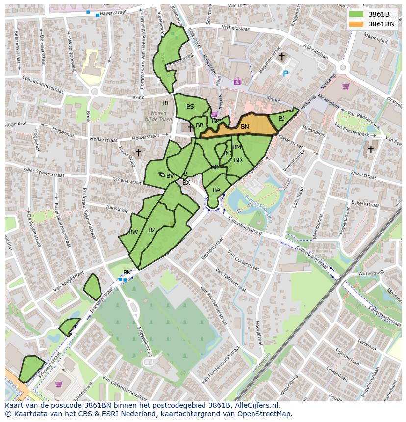 Afbeelding van het postcodegebied 3861 BN op de kaart.