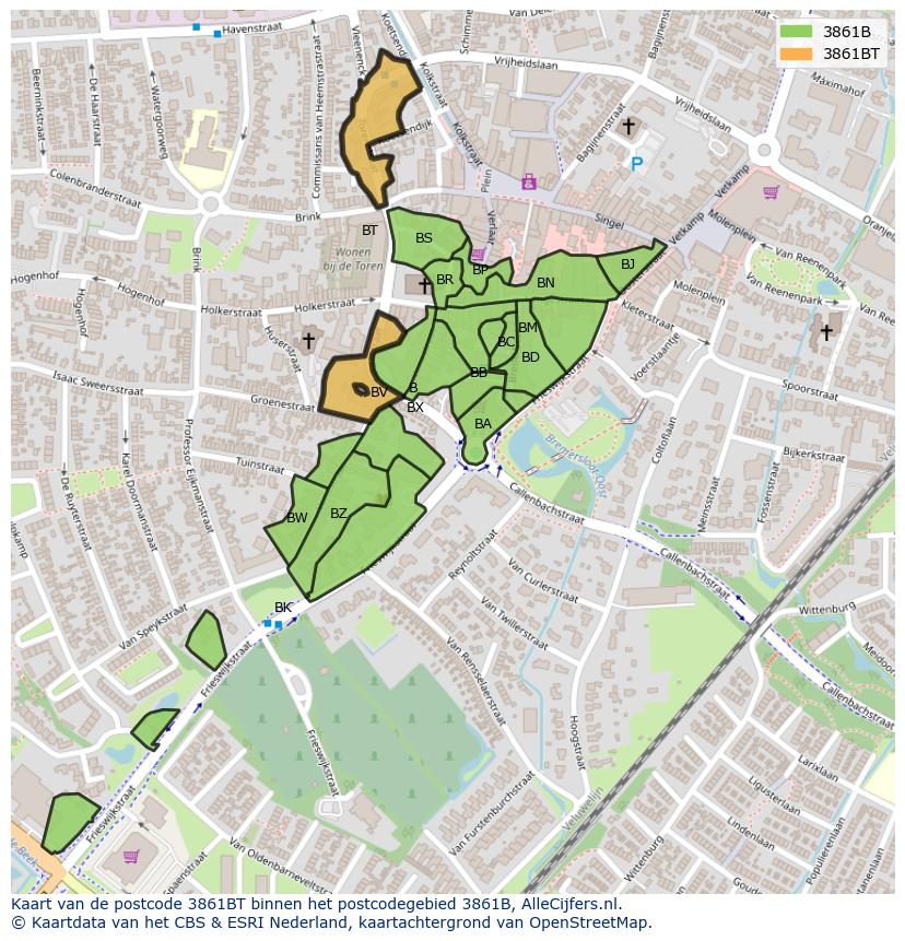 Afbeelding van het postcodegebied 3861 BT op de kaart.