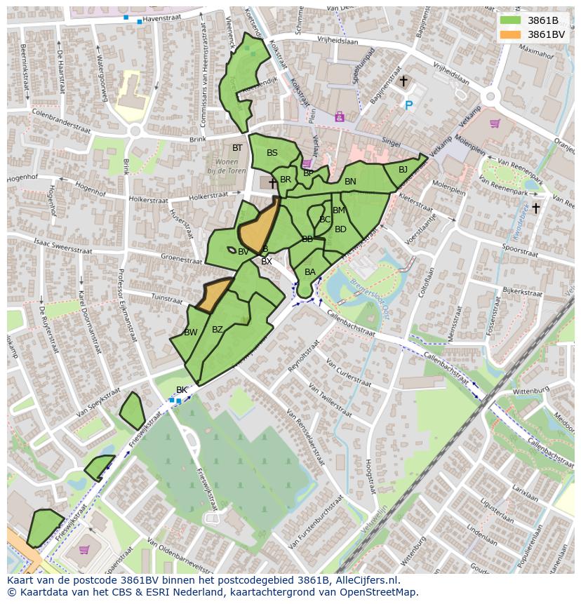 Afbeelding van het postcodegebied 3861 BV op de kaart.