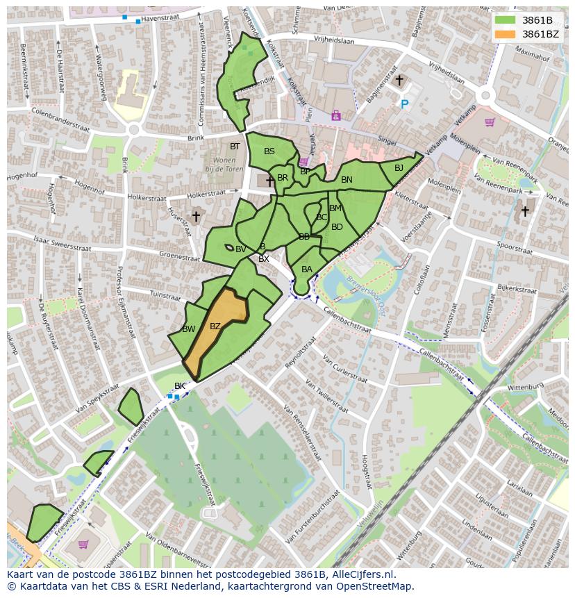 Afbeelding van het postcodegebied 3861 BZ op de kaart.