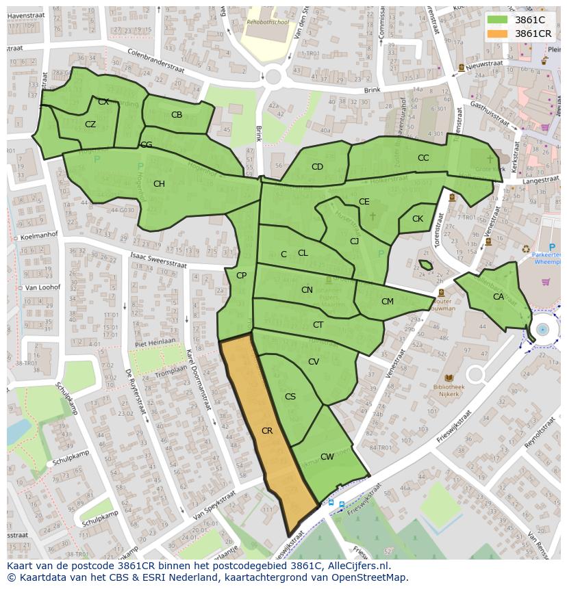Afbeelding van het postcodegebied 3861 CR op de kaart.