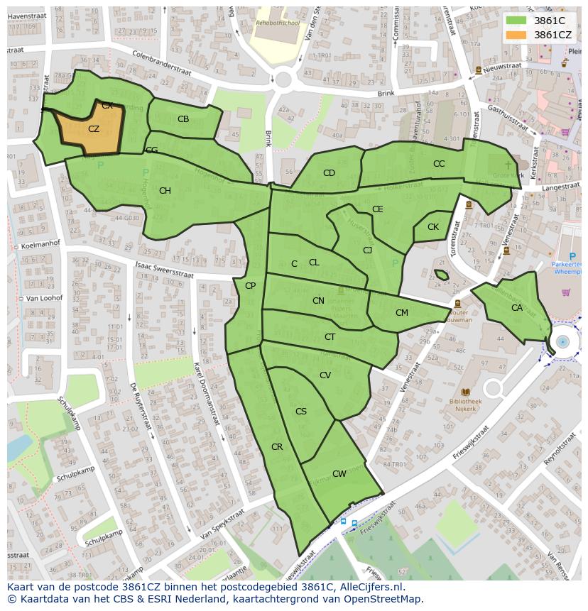 Afbeelding van het postcodegebied 3861 CZ op de kaart.