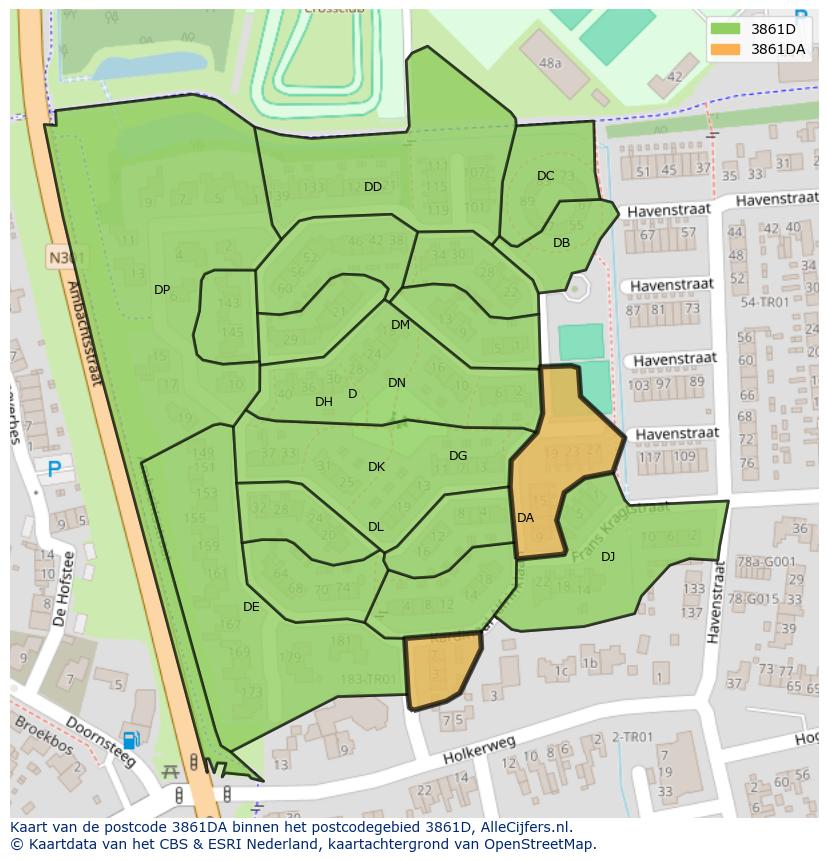 Afbeelding van het postcodegebied 3861 DA op de kaart.