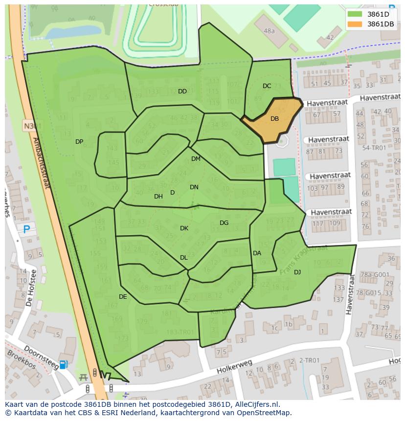 Afbeelding van het postcodegebied 3861 DB op de kaart.