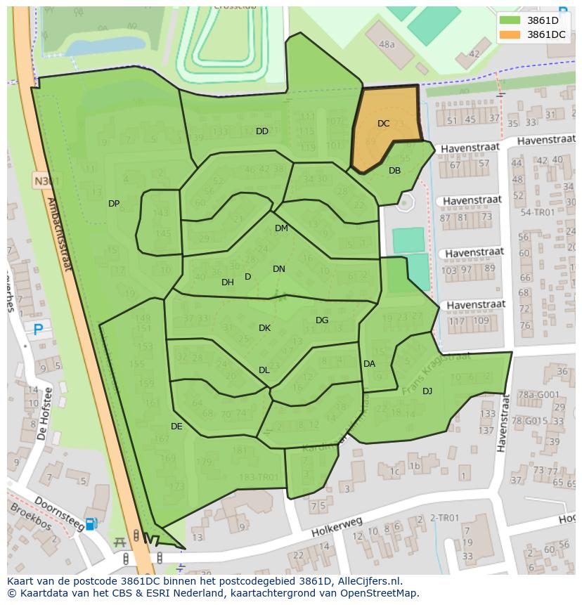 Afbeelding van het postcodegebied 3861 DC op de kaart.