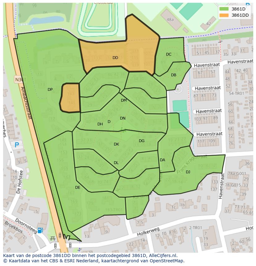 Afbeelding van het postcodegebied 3861 DD op de kaart.