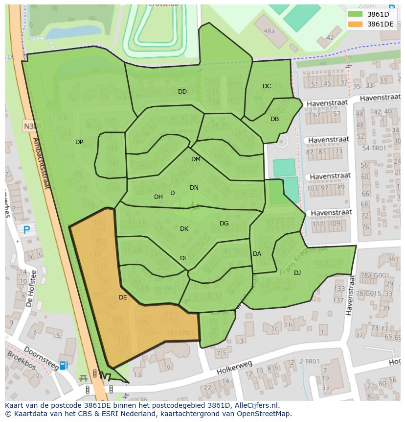 Afbeelding van het postcodegebied 3861 DE op de kaart.