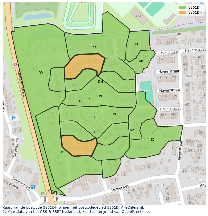 Afbeelding van het postcodegebied 3861 DH op de kaart.
