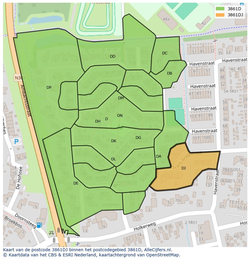 Afbeelding van het postcodegebied 3861 DJ op de kaart.