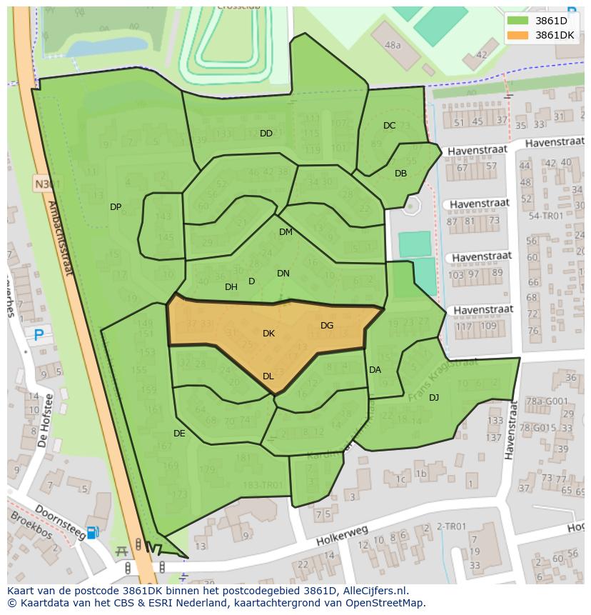 Afbeelding van het postcodegebied 3861 DK op de kaart.
