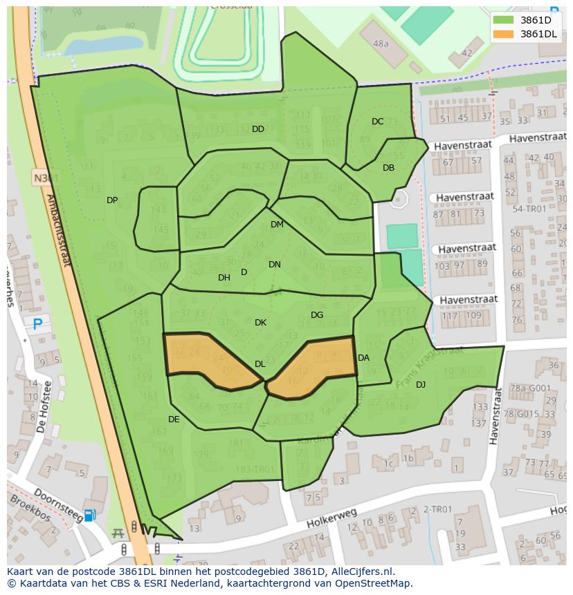 Afbeelding van het postcodegebied 3861 DL op de kaart.