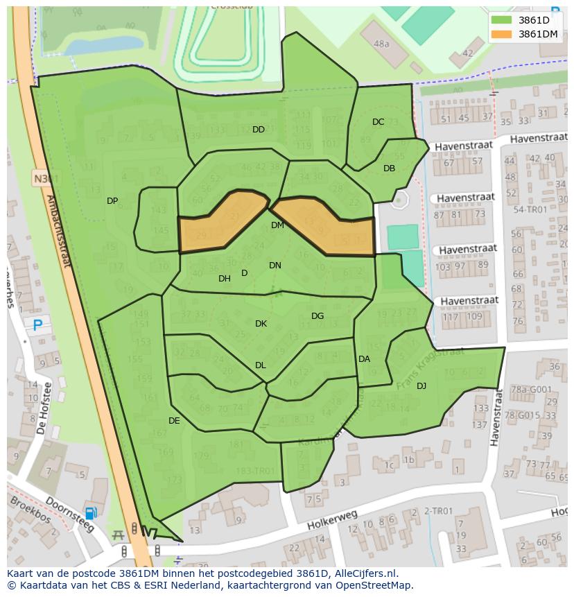 Afbeelding van het postcodegebied 3861 DM op de kaart.