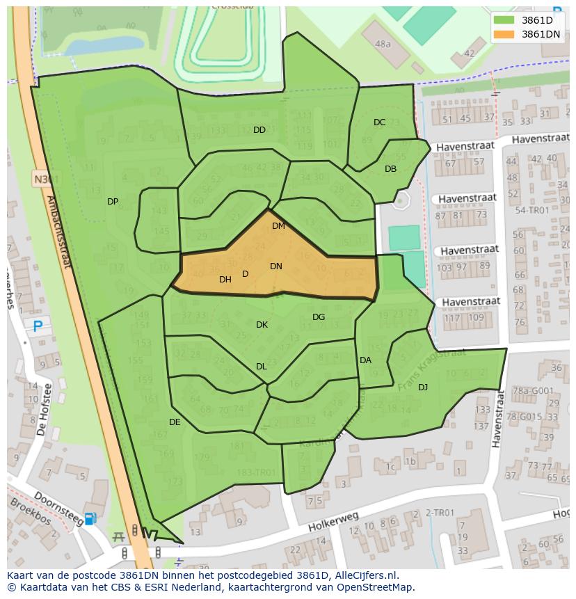 Afbeelding van het postcodegebied 3861 DN op de kaart.