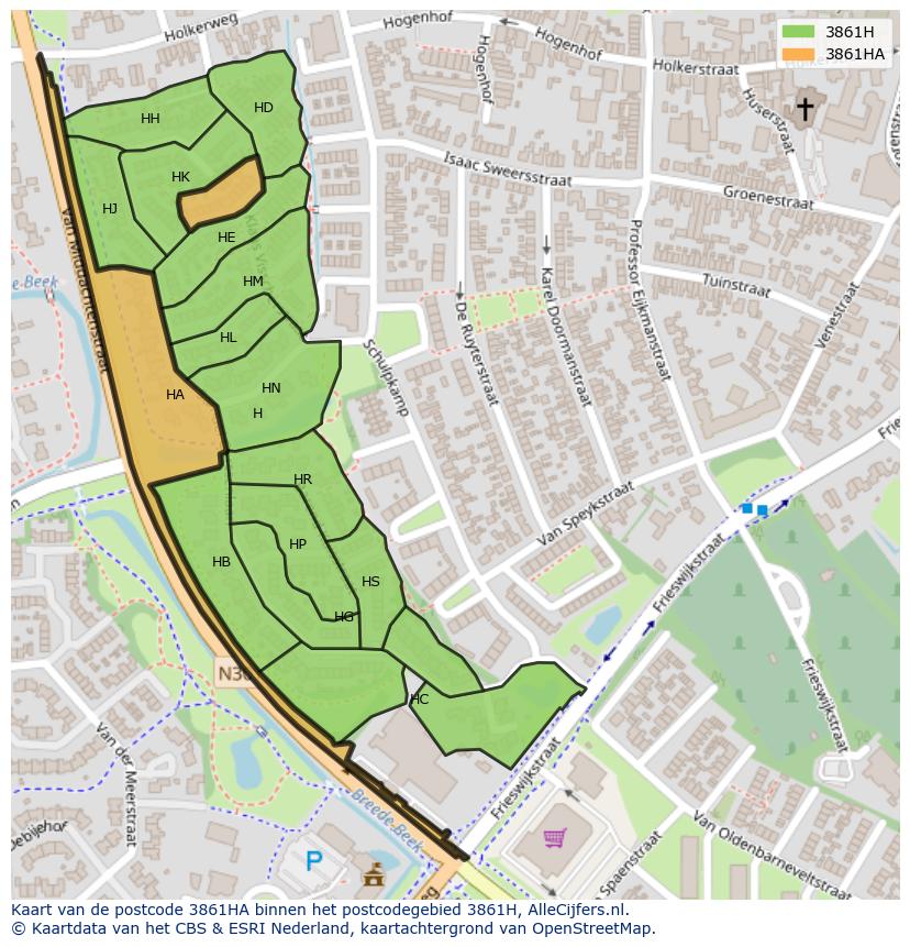 Afbeelding van het postcodegebied 3861 HA op de kaart.