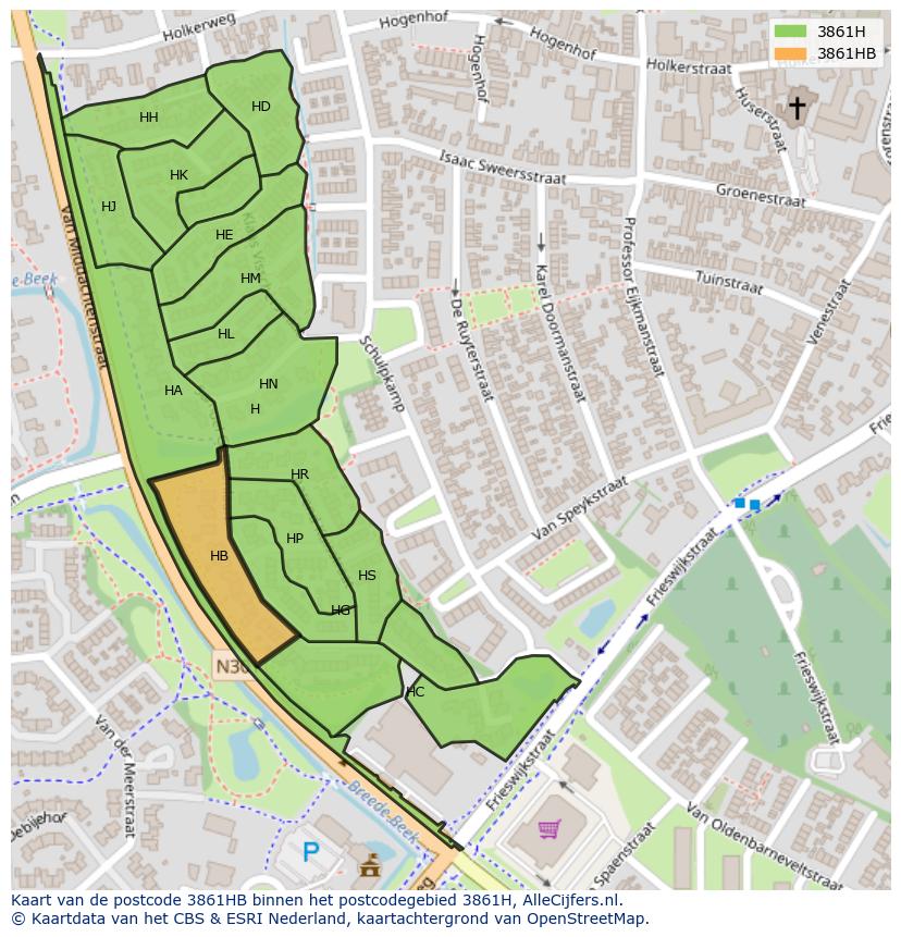 Afbeelding van het postcodegebied 3861 HB op de kaart.