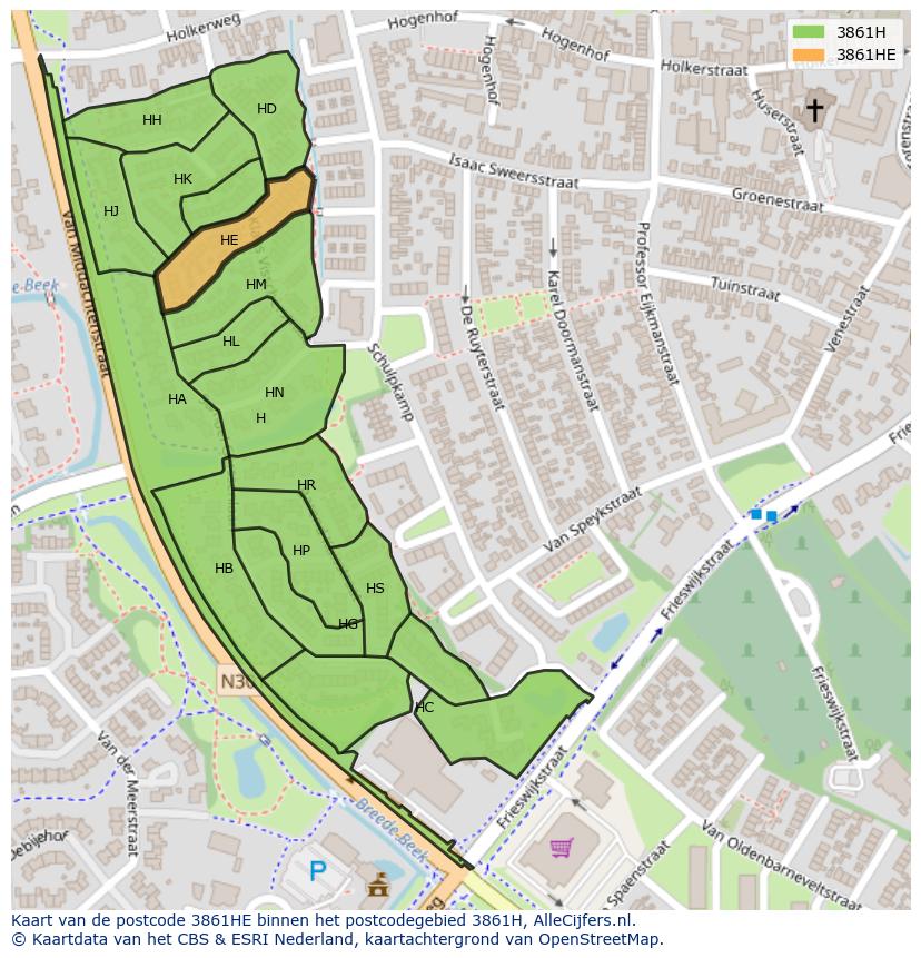 Afbeelding van het postcodegebied 3861 HE op de kaart.